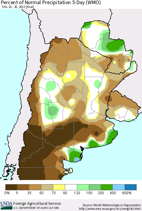 Southern South America Percent of Normal Precipitation 5-Day (WMO) Thematic Map For 2/16/2023 - 2/20/2023
