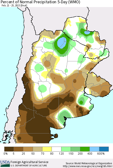 Southern South America Percent of Normal Precipitation 5-Day (WMO) Thematic Map For 2/21/2023 - 2/25/2023
