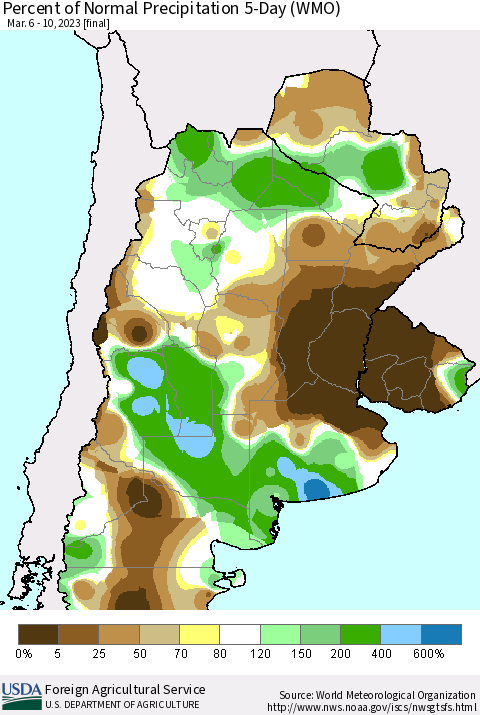 Southern South America Percent of Normal Precipitation 5-Day (WMO) Thematic Map For 3/6/2023 - 3/10/2023