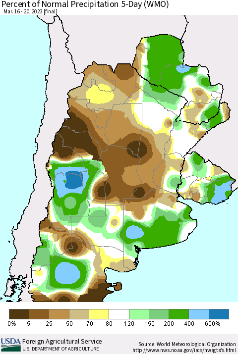 Southern South America Percent of Normal Precipitation 5-Day (WMO) Thematic Map For 3/16/2023 - 3/20/2023