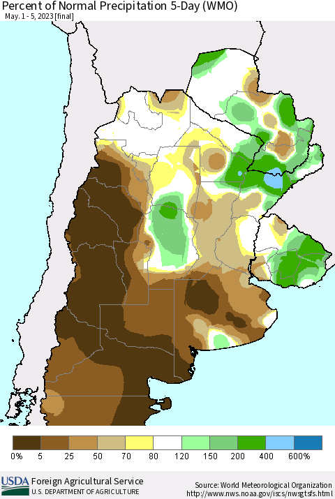 Southern South America Percent of Normal Precipitation 5-Day (WMO) Thematic Map For 5/1/2023 - 5/5/2023