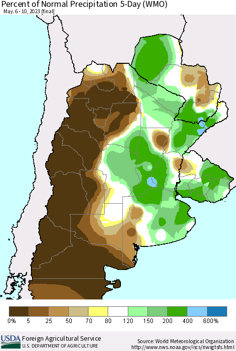 Southern South America Percent of Normal Precipitation 5-Day (WMO) Thematic Map For 5/6/2023 - 5/10/2023