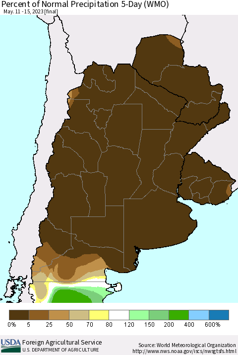 Southern South America Percent of Normal Precipitation 5-Day (WMO) Thematic Map For 5/11/2023 - 5/15/2023