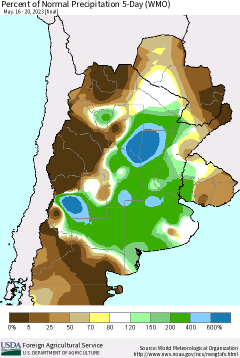 Southern South America Percent of Normal Precipitation 5-Day (WMO) Thematic Map For 5/16/2023 - 5/20/2023