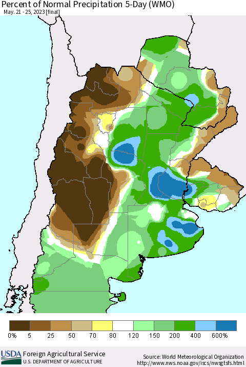Southern South America Percent of Normal Precipitation 5-Day (WMO) Thematic Map For 5/21/2023 - 5/25/2023