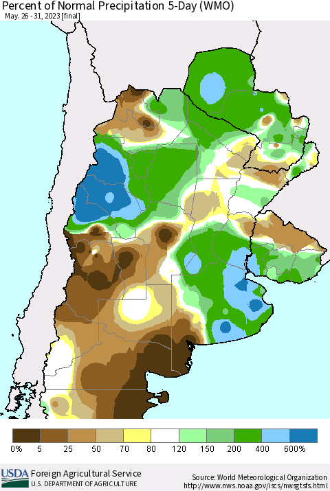 Southern South America Percent of Normal Precipitation 5-Day (WMO) Thematic Map For 5/26/2023 - 5/31/2023