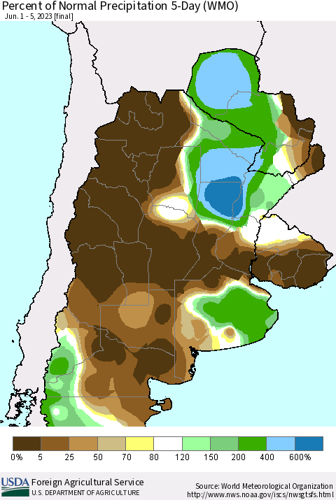 Southern South America Percent of Normal Precipitation 5-Day (WMO) Thematic Map For 6/1/2023 - 6/5/2023