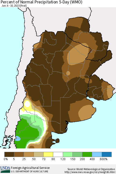 Southern South America Percent of Normal Precipitation 5-Day (WMO) Thematic Map For 6/6/2023 - 6/10/2023