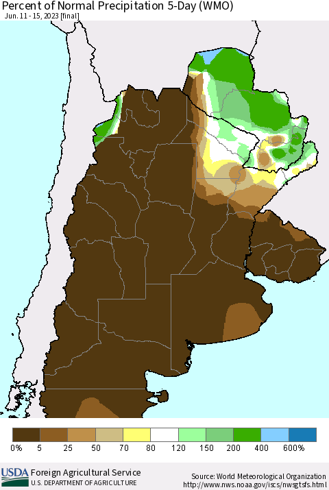 Southern South America Percent of Normal Precipitation 5-Day (WMO) Thematic Map For 6/11/2023 - 6/15/2023