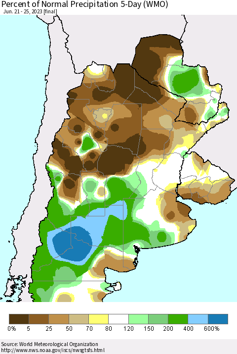 Southern South America Percent of Normal Precipitation 5-Day (WMO) Thematic Map For 6/21/2023 - 6/25/2023