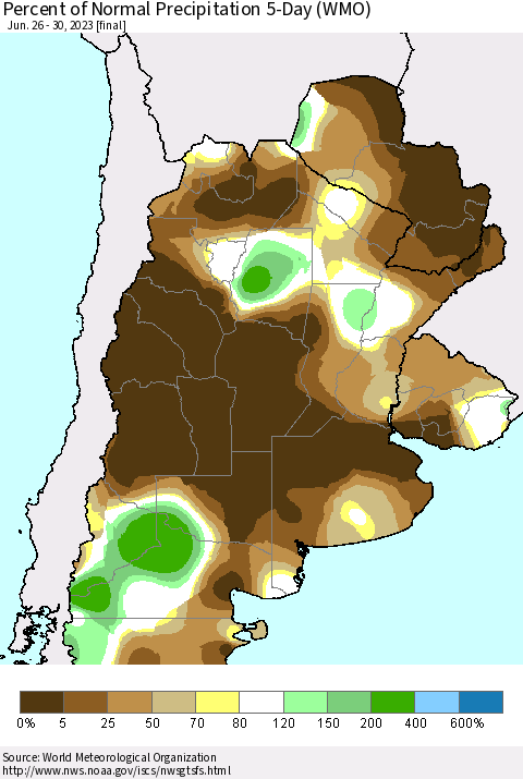Southern South America Percent of Normal Precipitation 5-Day (WMO) Thematic Map For 6/26/2023 - 6/30/2023