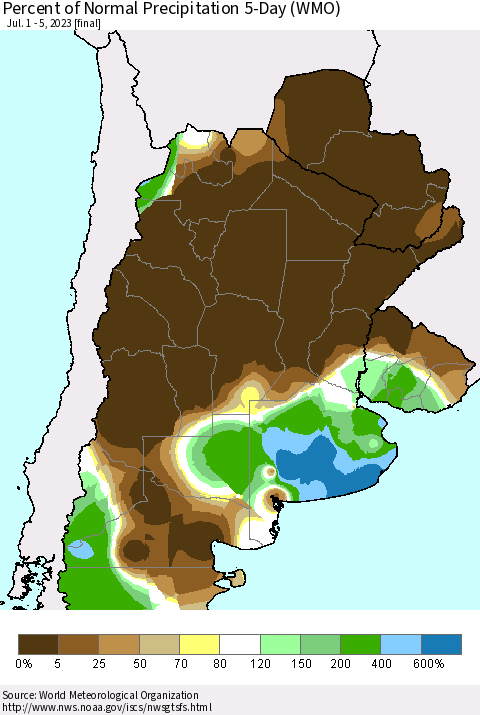Southern South America Percent of Normal Precipitation 5-Day (WMO) Thematic Map For 7/1/2023 - 7/5/2023