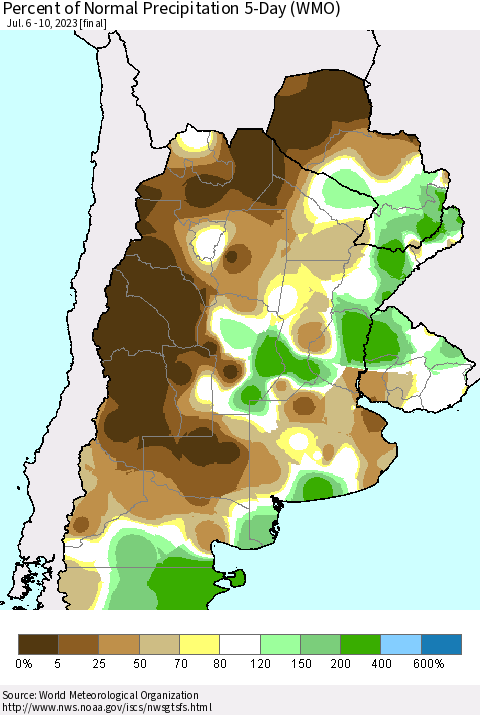 Southern South America Percent of Normal Precipitation 5-Day (WMO) Thematic Map For 7/6/2023 - 7/10/2023
