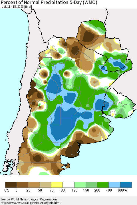 Southern South America Percent of Normal Precipitation 5-Day (WMO) Thematic Map For 7/11/2023 - 7/15/2023