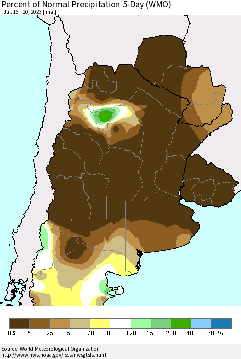 Southern South America Percent of Normal Precipitation 5-Day (WMO) Thematic Map For 7/16/2023 - 7/20/2023