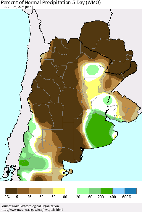Southern South America Percent of Normal Precipitation 5-Day (WMO) Thematic Map For 7/21/2023 - 7/25/2023