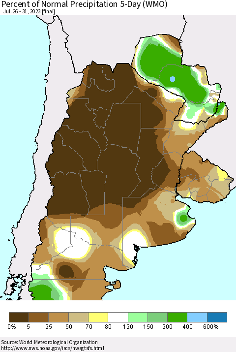 Southern South America Percent of Normal Precipitation 5-Day (WMO) Thematic Map For 7/26/2023 - 7/31/2023