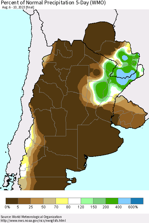 Southern South America Percent of Normal Precipitation 5-Day (WMO) Thematic Map For 8/6/2023 - 8/10/2023