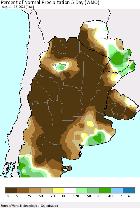 Southern South America Percent of Normal Precipitation 5-Day (WMO) Thematic Map For 8/11/2023 - 8/15/2023