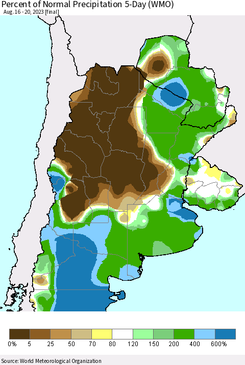 Southern South America Percent of Normal Precipitation 5-Day (WMO) Thematic Map For 8/16/2023 - 8/20/2023
