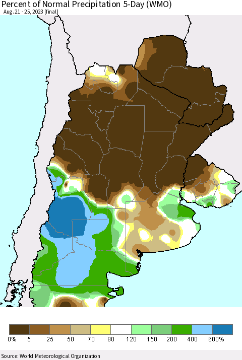 Southern South America Percent of Normal Precipitation 5-Day (WMO) Thematic Map For 8/21/2023 - 8/25/2023