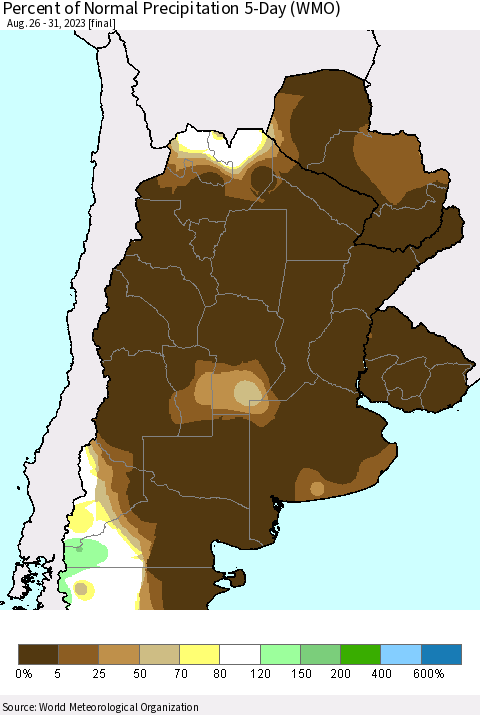 Southern South America Percent of Normal Precipitation 5-Day (WMO) Thematic Map For 8/26/2023 - 8/31/2023