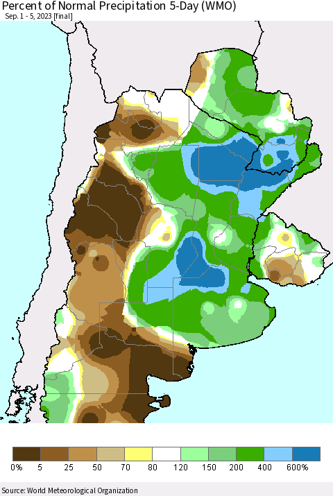 Southern South America Percent of Normal Precipitation 5-Day (WMO) Thematic Map For 9/1/2023 - 9/5/2023