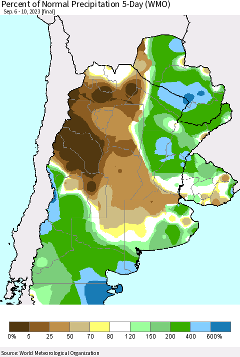 Southern South America Percent of Normal Precipitation 5-Day (WMO) Thematic Map For 9/6/2023 - 9/10/2023