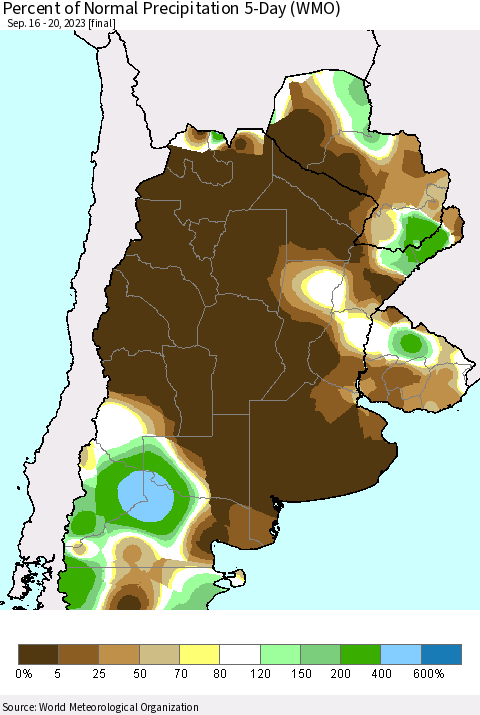 Southern South America Percent of Normal Precipitation 5-Day (WMO) Thematic Map For 9/16/2023 - 9/20/2023