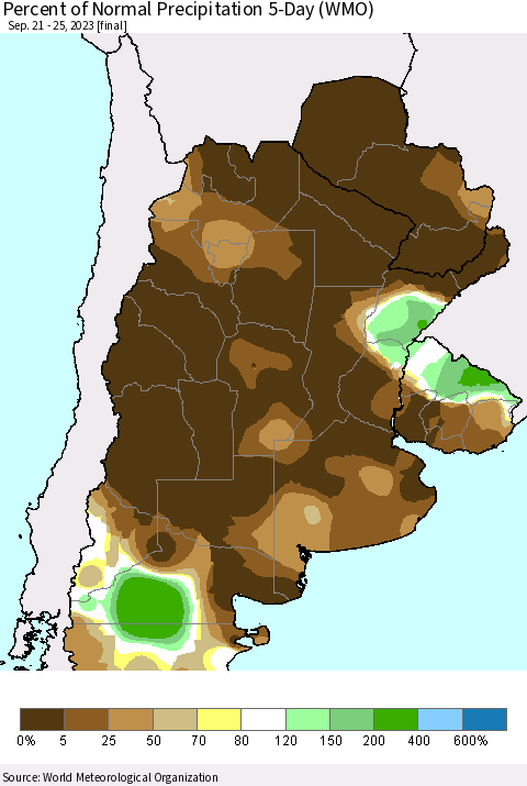 Southern South America Percent of Normal Precipitation 5-Day (WMO) Thematic Map For 9/21/2023 - 9/25/2023