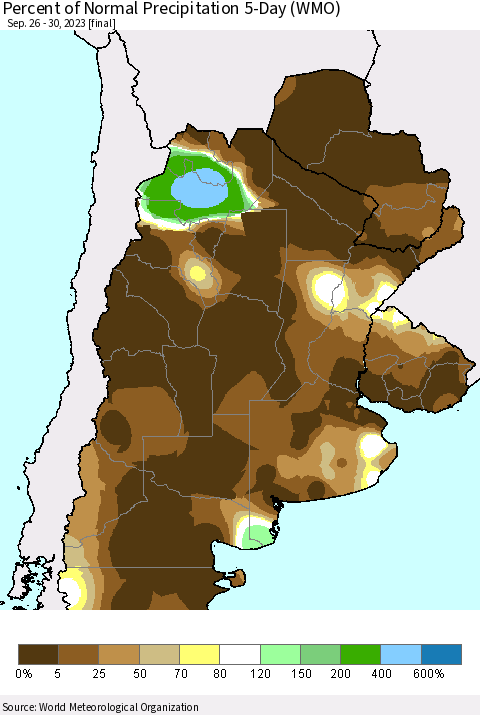 Southern South America Percent of Normal Precipitation 5-Day (WMO) Thematic Map For 9/26/2023 - 9/30/2023