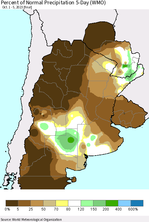 Southern South America Percent of Normal Precipitation 5-Day (WMO) Thematic Map For 10/1/2023 - 10/5/2023