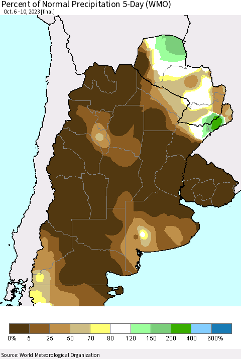 Southern South America Percent of Normal Precipitation 5-Day (WMO) Thematic Map For 10/6/2023 - 10/10/2023