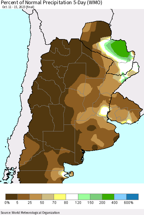 Southern South America Percent of Normal Precipitation 5-Day (WMO) Thematic Map For 10/11/2023 - 10/15/2023
