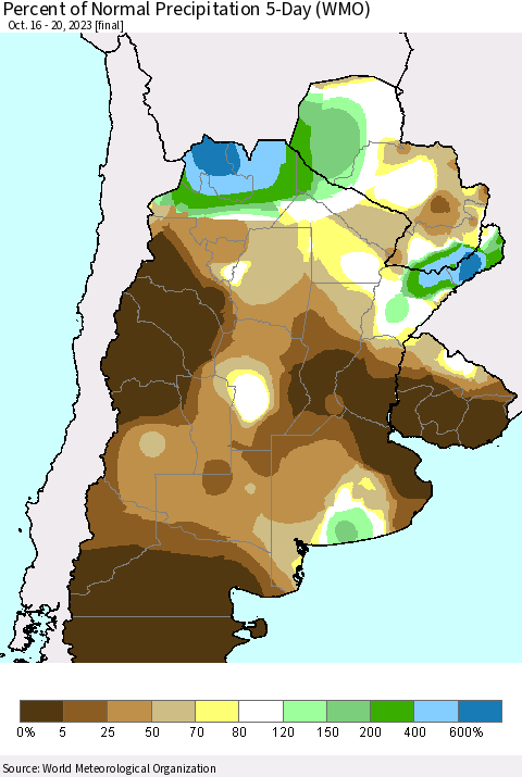 Southern South America Percent of Normal Precipitation 5-Day (WMO) Thematic Map For 10/16/2023 - 10/20/2023