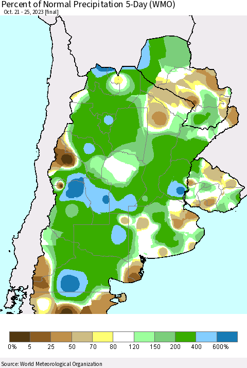 Southern South America Percent of Normal Precipitation 5-Day (WMO) Thematic Map For 10/21/2023 - 10/25/2023