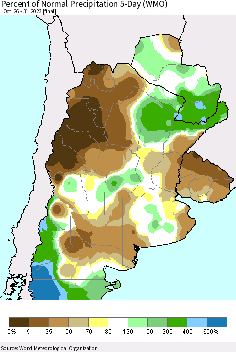 Southern South America Percent of Normal Precipitation 5-Day (WMO) Thematic Map For 10/26/2023 - 10/31/2023