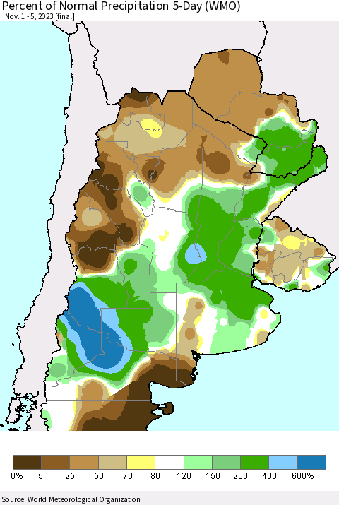 Southern South America Percent of Normal Precipitation 5-Day (WMO) Thematic Map For 11/1/2023 - 11/5/2023