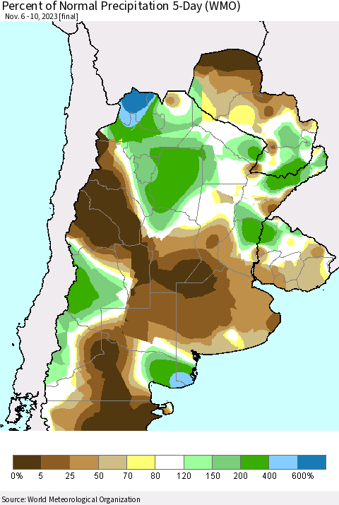 Southern South America Percent of Normal Precipitation 5-Day (WMO) Thematic Map For 11/6/2023 - 11/10/2023