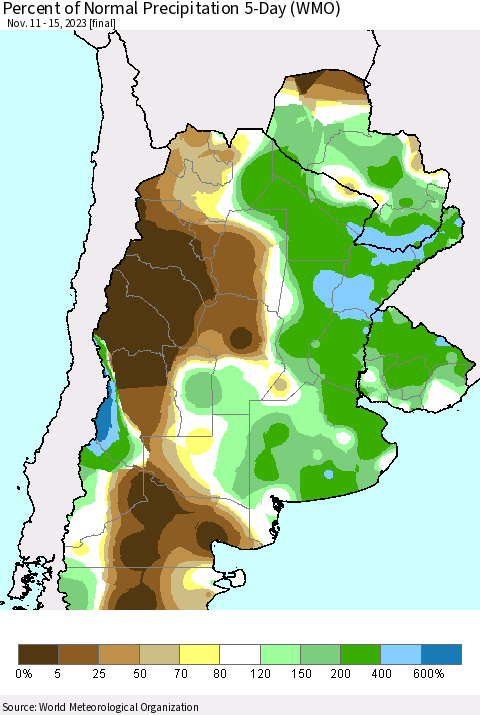 Southern South America Percent of Normal Precipitation 5-Day (WMO) Thematic Map For 11/11/2023 - 11/15/2023