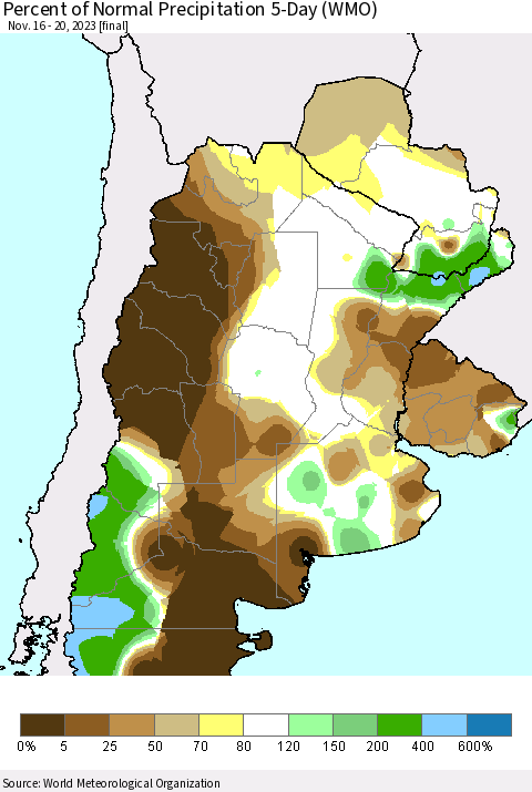 Southern South America Percent of Normal Precipitation 5-Day (WMO) Thematic Map For 11/16/2023 - 11/20/2023