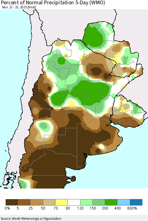 Southern South America Percent of Normal Precipitation 5-Day (WMO) Thematic Map For 11/21/2023 - 11/25/2023