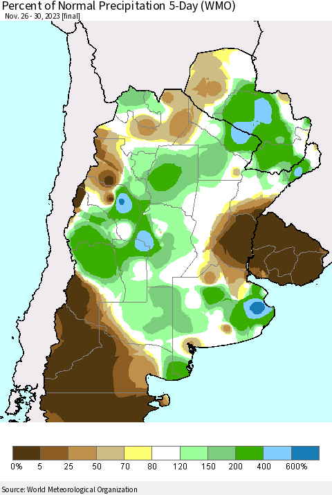 Southern South America Percent of Normal Precipitation 5-Day (WMO) Thematic Map For 11/26/2023 - 11/30/2023