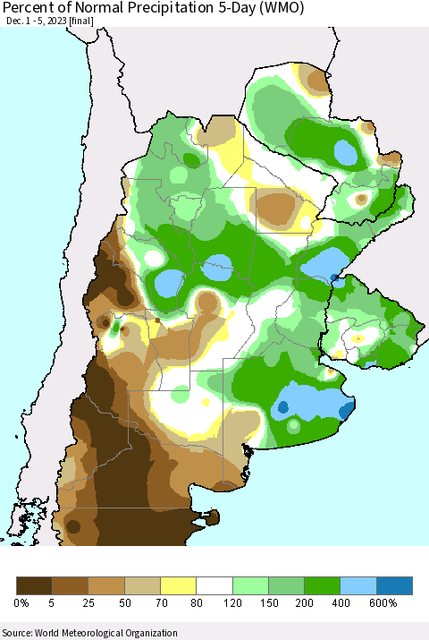 Southern South America Percent of Normal Precipitation 5-Day (WMO) Thematic Map For 12/1/2023 - 12/5/2023