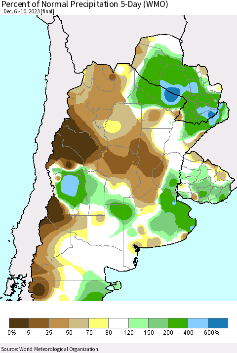 Southern South America Percent of Normal Precipitation 5-Day (WMO) Thematic Map For 12/6/2023 - 12/10/2023