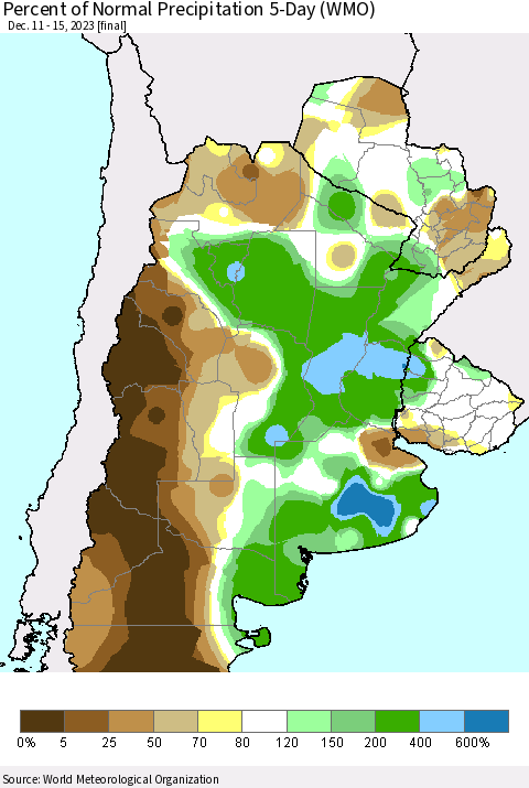 Southern South America Percent of Normal Precipitation 5-Day (WMO) Thematic Map For 12/11/2023 - 12/15/2023