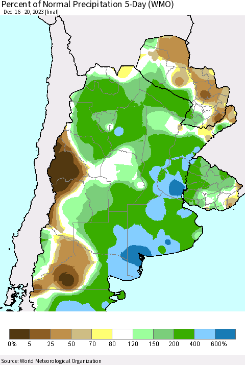 Southern South America Percent of Normal Precipitation 5-Day (WMO) Thematic Map For 12/16/2023 - 12/20/2023