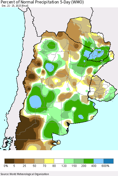 Southern South America Percent of Normal Precipitation 5-Day (WMO) Thematic Map For 12/21/2023 - 12/25/2023
