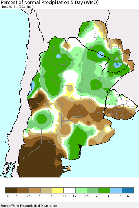 Southern South America Percent of Normal Precipitation 5-Day (WMO) Thematic Map For 12/26/2023 - 12/31/2023