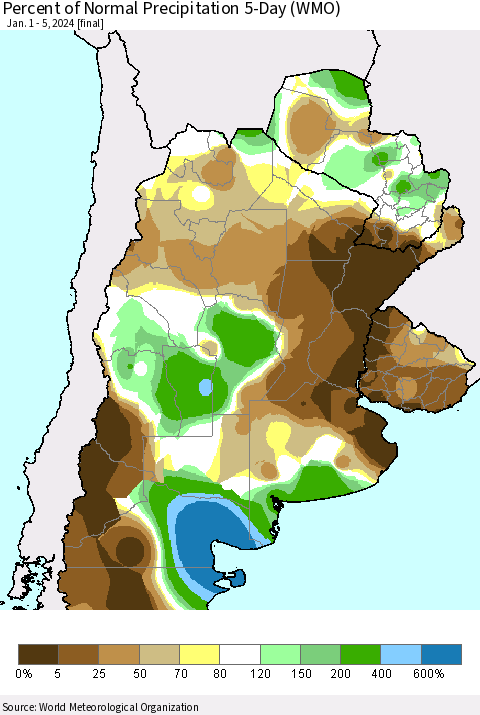 Southern South America Percent of Normal Precipitation 5-Day (WMO) Thematic Map For 1/1/2024 - 1/5/2024